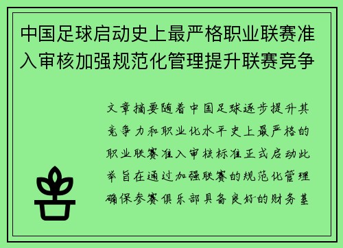 中国足球启动史上最严格职业联赛准入审核加强规范化管理提升联赛竞争力